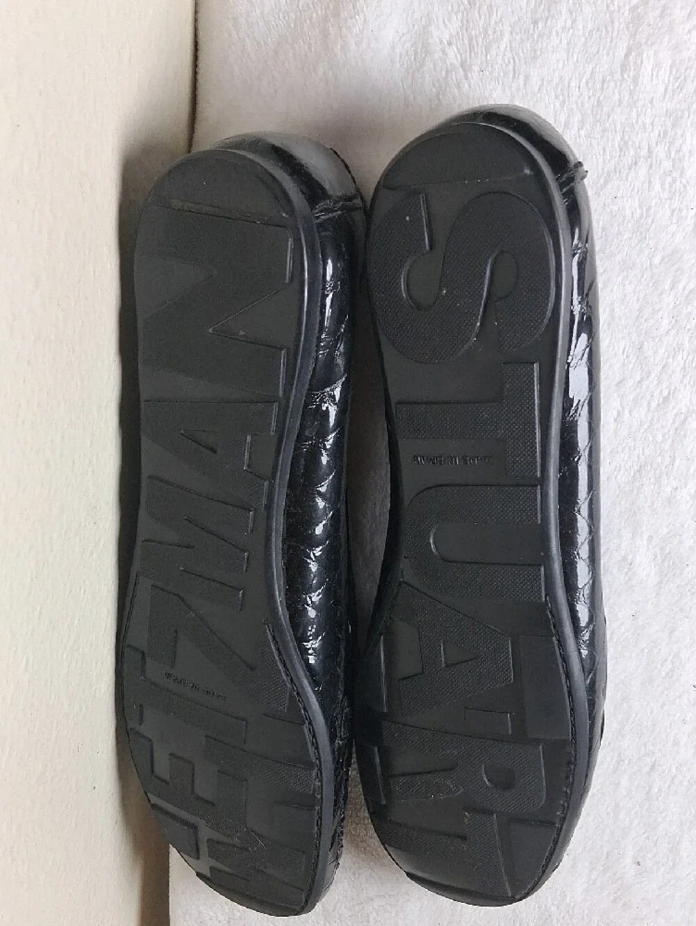 Stuart Weitzman Black Patent Croc-Embossed Leather Loafers with Silver Hardware